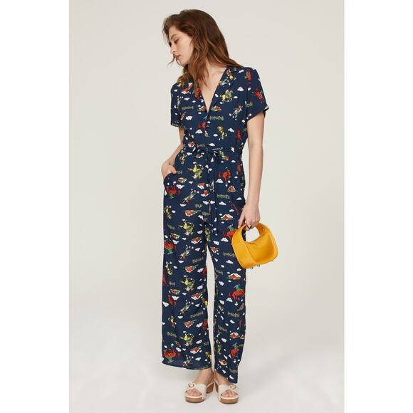 HVN Sz 0 (x) Navy Blue Western Rodeo Print Short Sleeve Wide Leg Jumpsuit boho - Picture 1 of 11